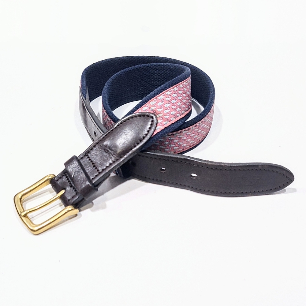 Vineyard Vines Whales Club Belt Navy Pink Men's Size 30 Canvas Brass Buckle